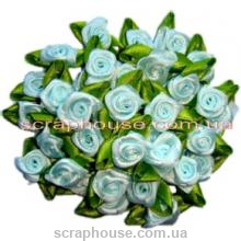 Розочки атласные, голубого цвета, с зелеными листиками