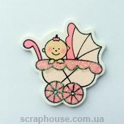 Деревянная аппликация  Малыш в розовой коляске с глиттером