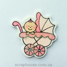 Деревянная аппликация  Малыш в розовой коляске с глиттером